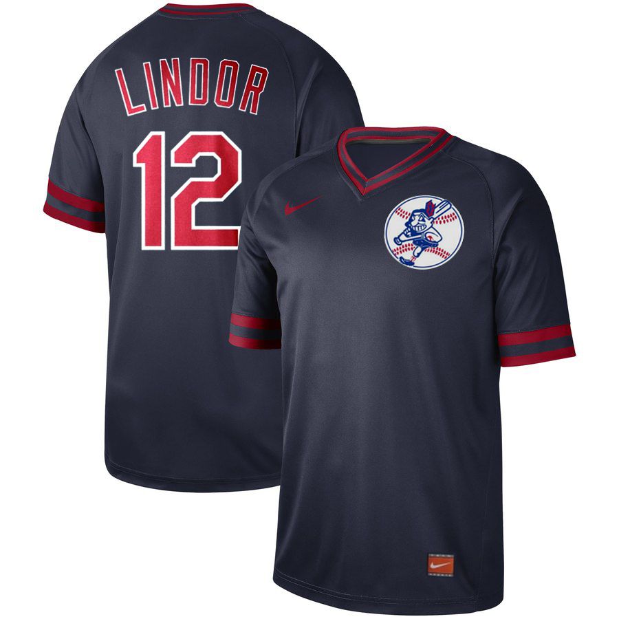 Men Cleveland Indians 12 Lindor Dark blue Nike Cooperstown Collection Legend V-Neck MLB Jersey